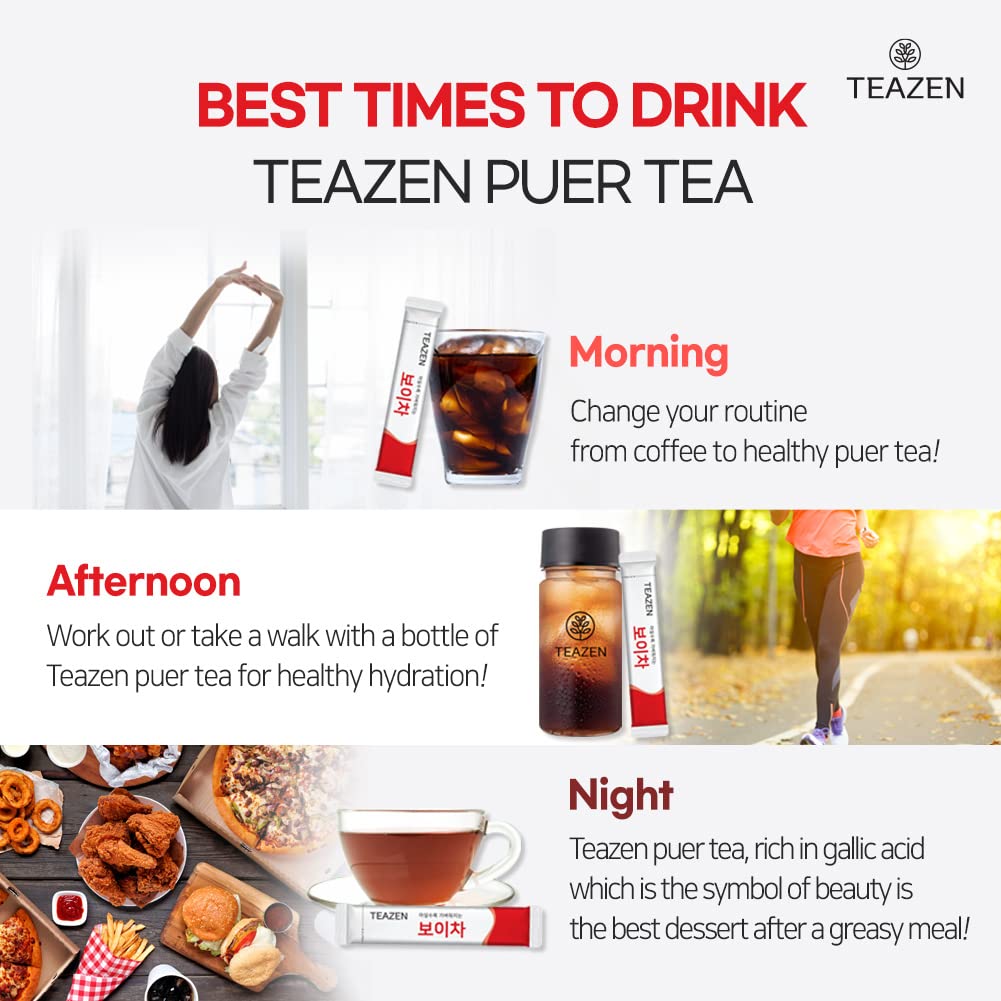 Teazen Puer Tea Drink Mix, Extract Powder Of Fermented Pu-Erh Tea, Hot Or Iced Herbal Tea, Dietary Fiber And Detox, 10 Sticks, 0.63Oz