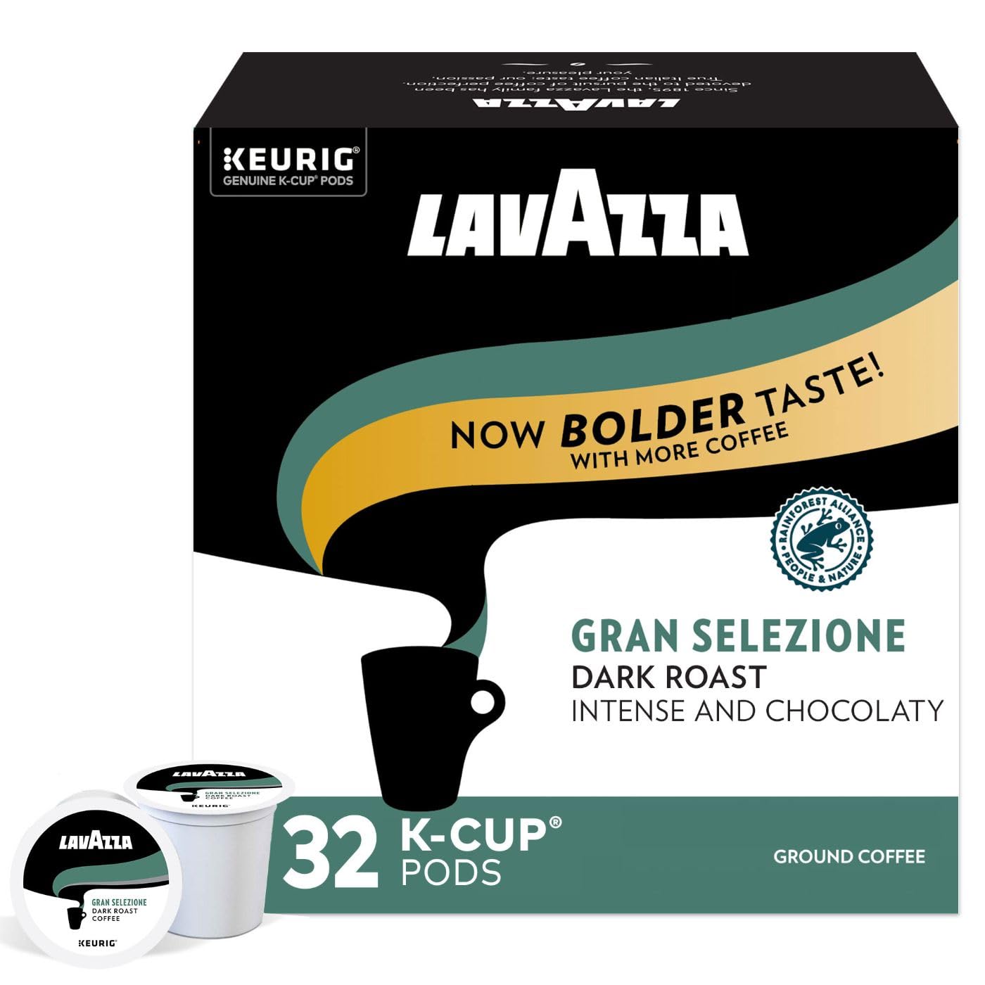 Lavazza Gran Selezione Single-Serve Coffee K-Cup® Pods for Keurig® Brewer, Dark Roast, 32Count Box, (Pack Of 4) 100% Arabica, Rainforest Alliance Certified 100% sustainably grown, Value Pack