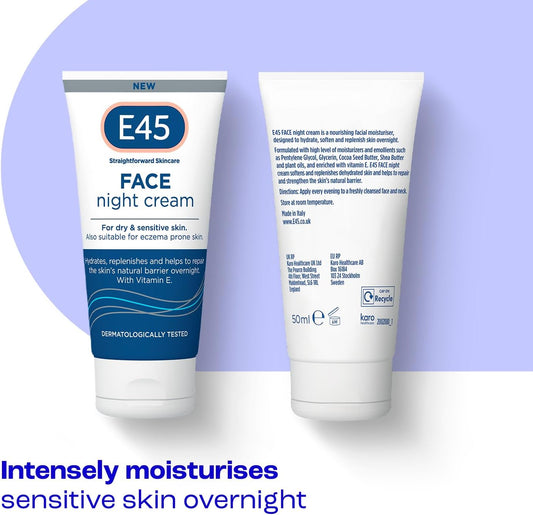 E45 Face Night Cream - Nourishing Night Moisturiser to Restore Skin Barrier – For Sensitive Skin & Eczema Prone Skin - Regenerative & Firming Night Cream - Perfume Free - Dermatologist Approved - 50ml