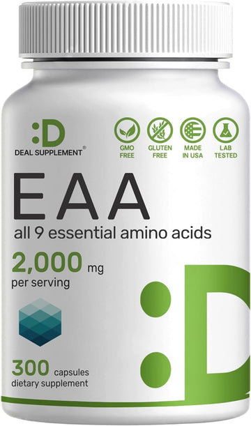 Essential Amino Acids (Eaa) 2000Mg Per Serving, 300 Capsules – Unflavored - 9 In 1, All Bcaas (Branched-Chain Aminos) – Lean Muscle Support & Natural Pre Workout Supplement