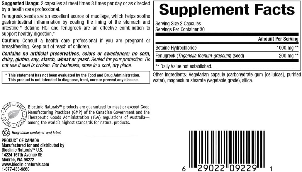 Bioclinic Naturals - Betaine Hcl With Fenugreek 60 Veggie Capsules By Bioclinic Naturals