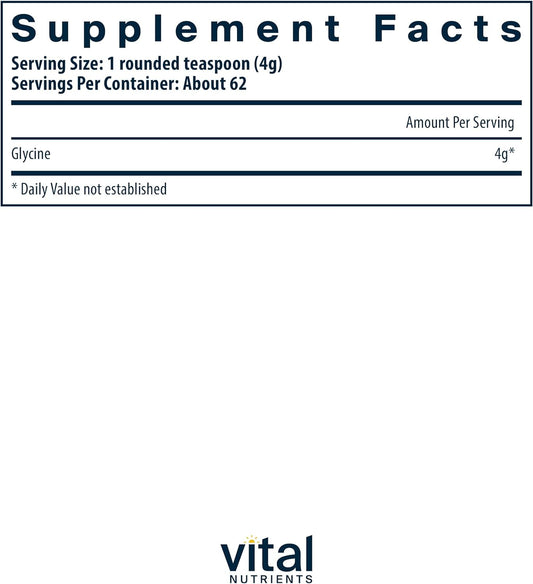 Vital Nutrients Glycine Powder 250G | Amino Acid To Promote Restful Sleep, Stress Relief, Memory, And Cognitive Support* | Vegan Glycine Supplement | Gluten, Dairy, Soy Free | Non-Gmo | 625 Servings