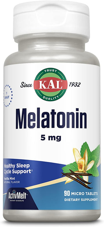 Kal Melatonin 5Mg Sleep Aid, Melatonin Supplement Supports Calming Relaxation And A Healthy Sleep Cycle, Fast Dissolving Activmelts, Natural Vanilla Mint Flavor, Vegetarian, 90 Serv, 90 Micro Tablets