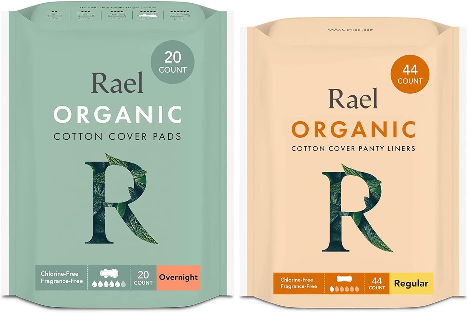 Rael Bundle - Organic Cotton Cover Pads Overnight (20 Count) & Liners (Regular, 44 Count)