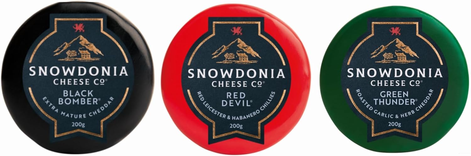 Snowdonia Cheese Company 3X Truckles Black Bomber Extra Mature Cheddar, Red Devil Red Leicester, Green Thunder Garlic & Herb Cheddar Gift Hamper From Great British Trading Limited