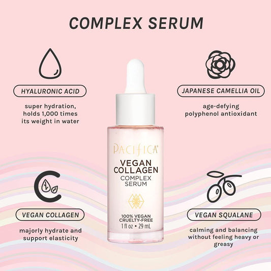 Pacifica Beauty Vegan Collagen Complex Serum, Hyaluronic Acid, Hydrating & Moisturizing for Aging and Dry Skin, 100% Vegan & Cruelty Free, Sulfate, Silicone + Paraben Free
