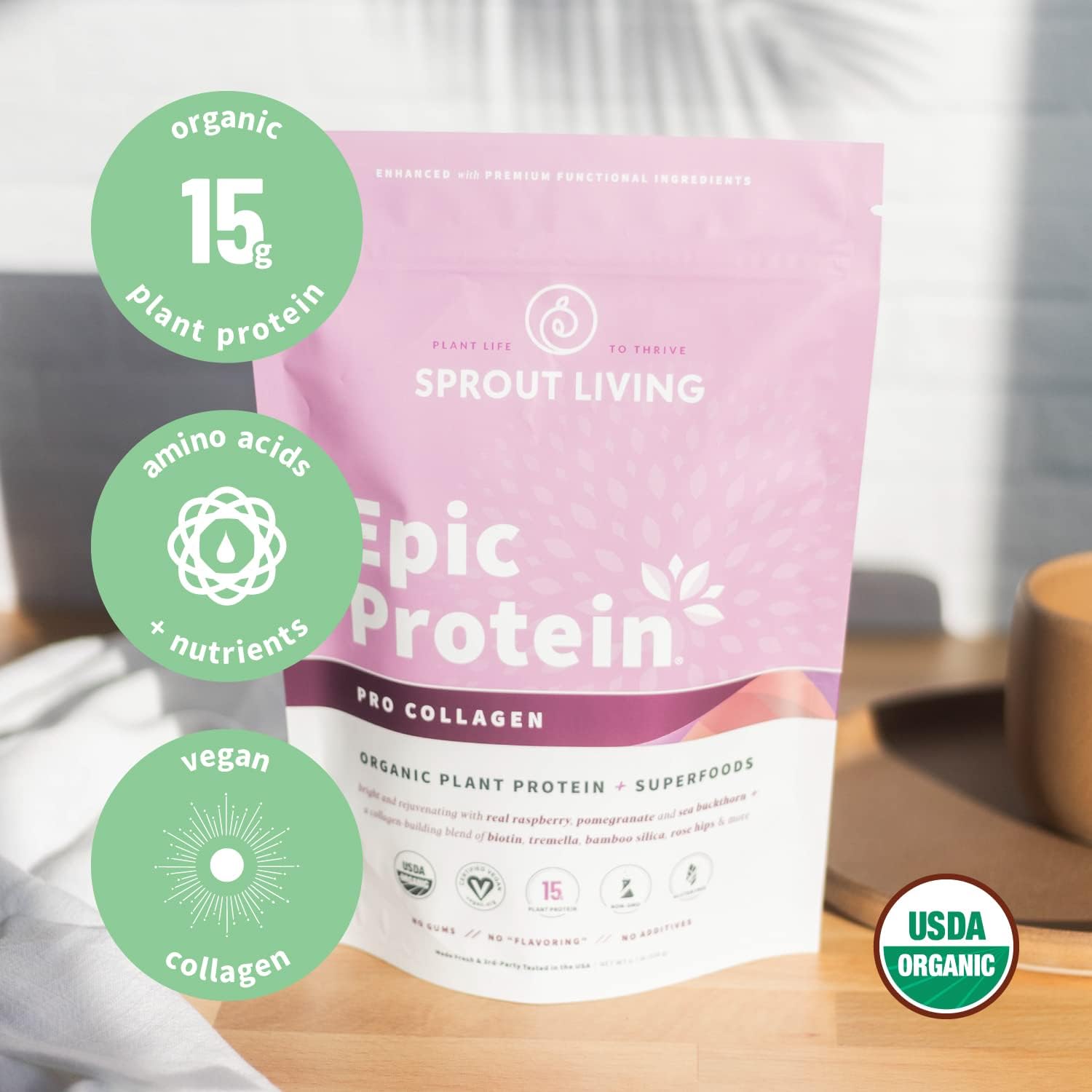 Sprout Living Epic Protein, Plant Based Protein & Superfoods Powder, Pro Collagen, Berry | 15 Grams Organic Protein Powder, Vegan, Non Dairy, Non-GMO, Gluten Free, Low Sugar (0.7 Pound, 12 Servings) : Health & Household