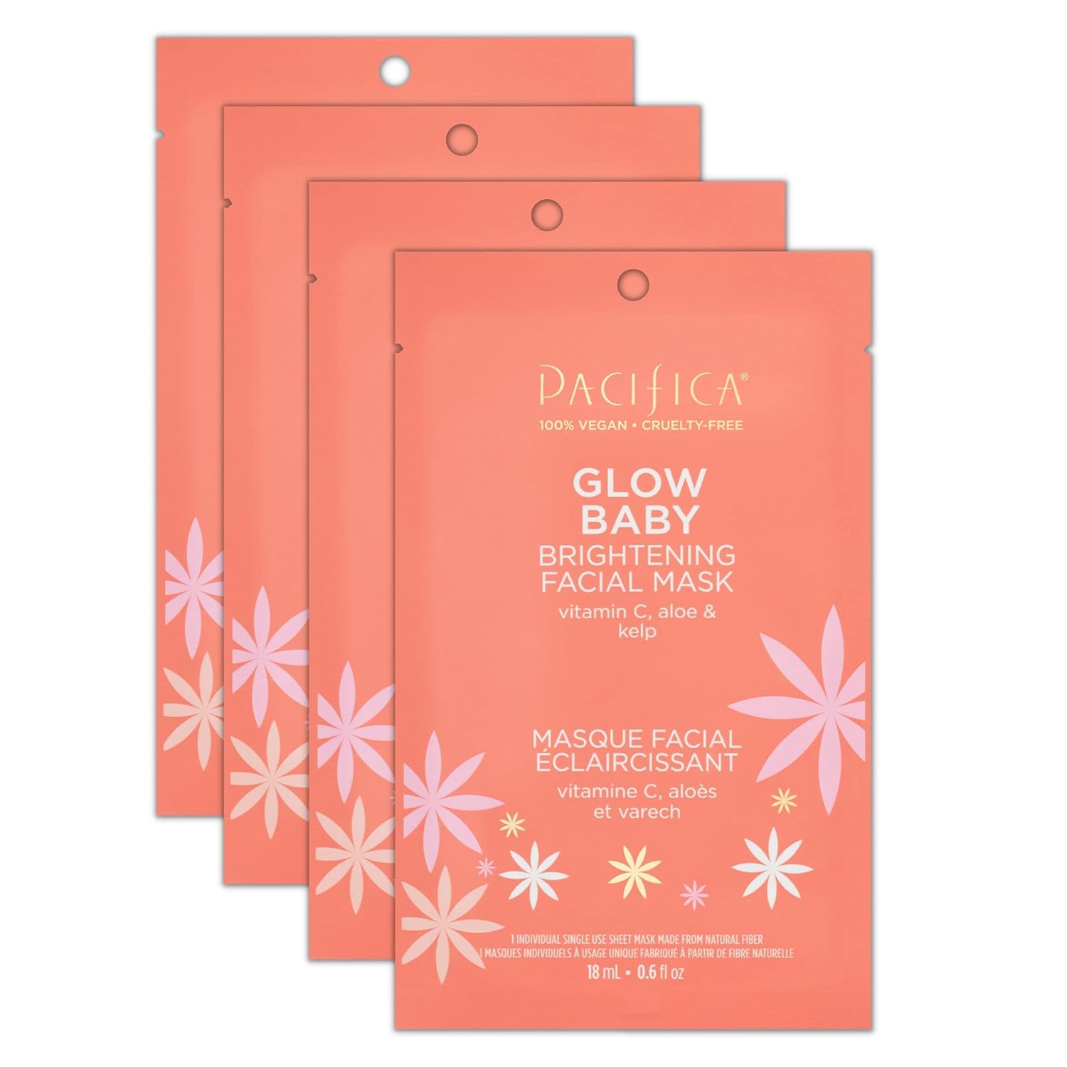 Pacifica Beauty Glow Baby Brightening Facial Mask, Skincare, Vitamin C, Aloe, Kelp, Fine Lines, Wrinkles, Dark Spots, Dry Skin, Cooling Mask, Face Mask, Face Care, For All Skin Types, Vegan (4 Sheets)