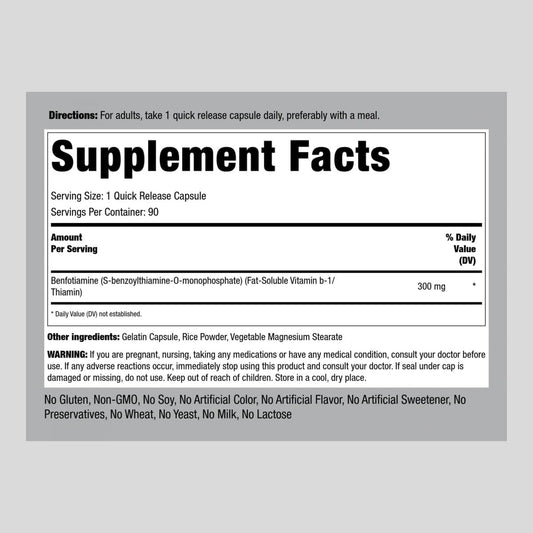 Piping Rock Benfotiamine 300mg | 90 Capsules | Fat Soluble Vitamin B1 | Non-GMO, Gluten Free Supplement