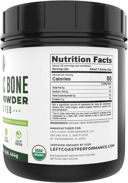 16oz Organic Bone Broth Protein Powder From Grass Fed Beef, USDA Certified Organic, Single Ingredient, No Additives, Perfect for Carnivore, Paleo, and Keto Diets. Natural Source Collagen Type I & III