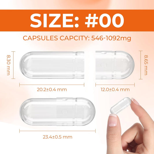 Gelatin Capsules Size 00 Empty Pill Gel Caps Pure Bovine Clear (500 Count) Gluten Free, Non-Gmo, Halal Certified Filling Kit With 2 Spoons For Diy Your Own Supplements