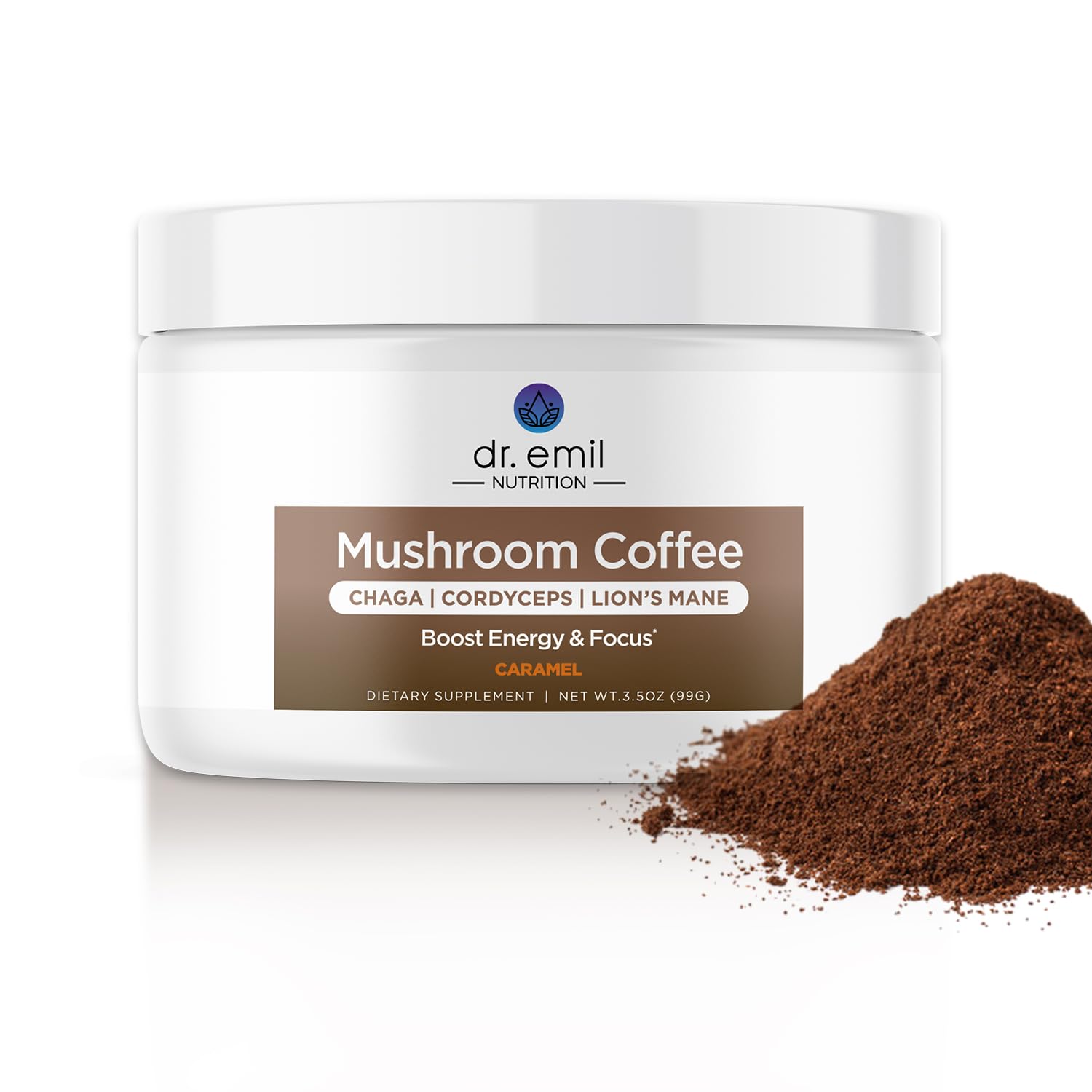 Dr. Emil Mushroom Coffee For Focus & Energy - Instant Coffee With Lions Mane, Chaga & Cordyceps - Delicious Caramel Flavor & Potent Mushroom Powder Blend