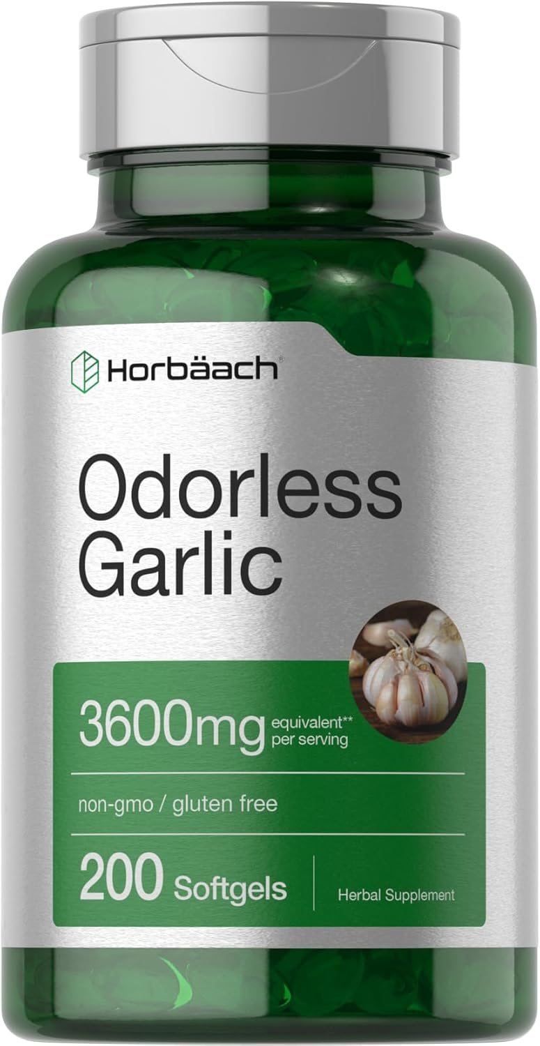 Horbäach Odorless Garlic Softgels 3600 Mg | 200 Count | Ultra Potent Garlic Extract | Non-Gmo & Gluten Free Supplement