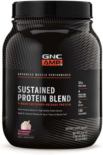 Gnc Amp Sustained Protein Blend | Targeted Muscle Building And Exercise Formula | 4 Protein Sources With Rapid & Sustained Release | Gluten Free | Strawberry Milkshake | 28 Servings