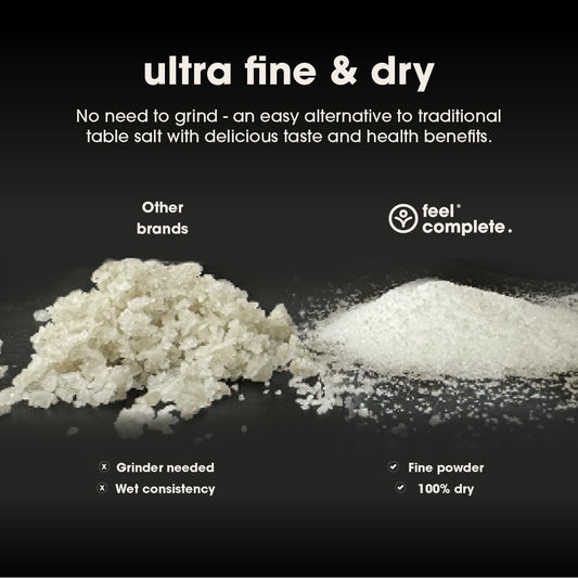 Feel Complete - 200G Ultra Fine & Dry Celtic Salt – No Grinding Needed – Organic Approved, 82 Essential Minerals – Healthy - Organic Alternative To Table Salt