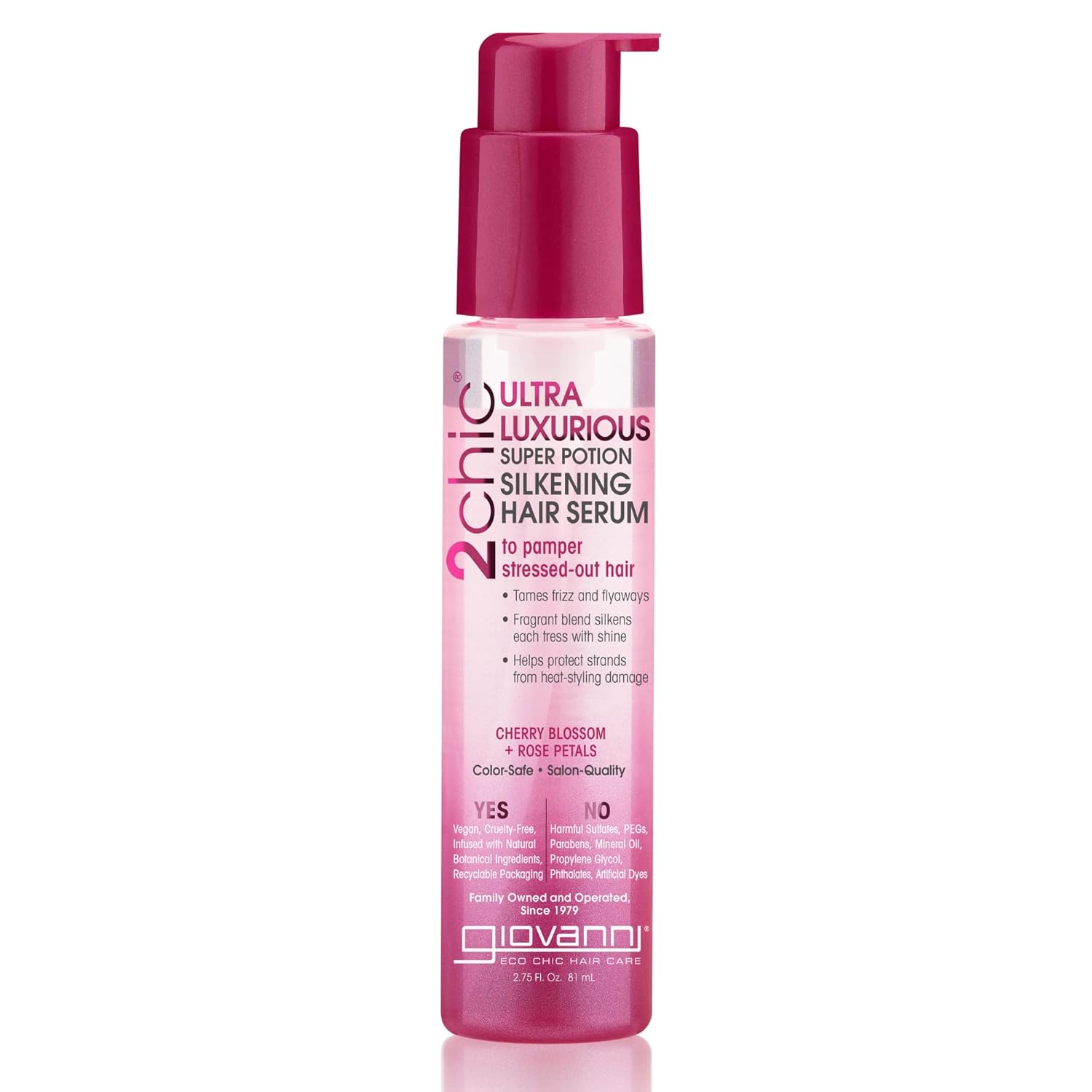 Giovanni 2Chic Ultra-Luxurious Super Potion Silkening Hair Serum - Cherry Blossom & Rose Petals, Aloe Vera, Pro-Vitamin B5, Smooths Curly & Wavy Hair, Paraben Free, Color Safe - 2.75 Oz