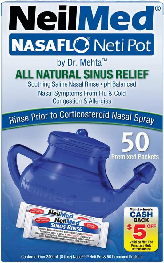 Neilmed Nasaflo Unbreakable Neti Pot With 50 Premixed Packets