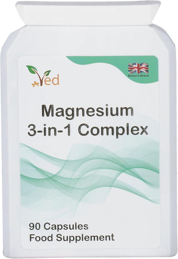 Ved Magnesium 3-In-1 Complex, Supplements As Magnesium Bisglycinate 400 Mg, Oxide & Malate, Triple High Absorption 384Mg Elemental,90 Vegan Capsules(45 Days Supply)