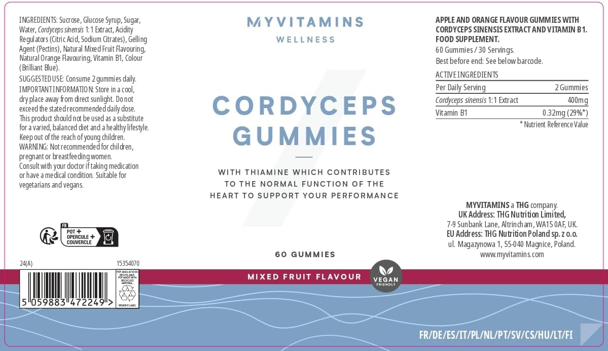 Myprotein Cordyceps Mushroom Gummies with 400mg Cordyceps Sinensis & Vitamin B1 for Energy, Endurance, Focus, and Heart Health in a Delicious Mixed Fruit Flavour - Vegan-Friendly 60 Chewable Gummies : Amazon.co.uk: Health & Personal Care