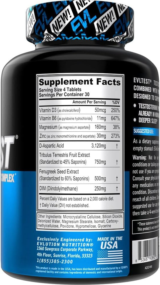 Evl Complete Testosterone Booster For Men - Post Workout Recovery Testosterone Supplement For Men With Dim Plus D Aspartic Acid And Tribulus - Evltest Estrogen Blocker For Men Post Workout Supplement