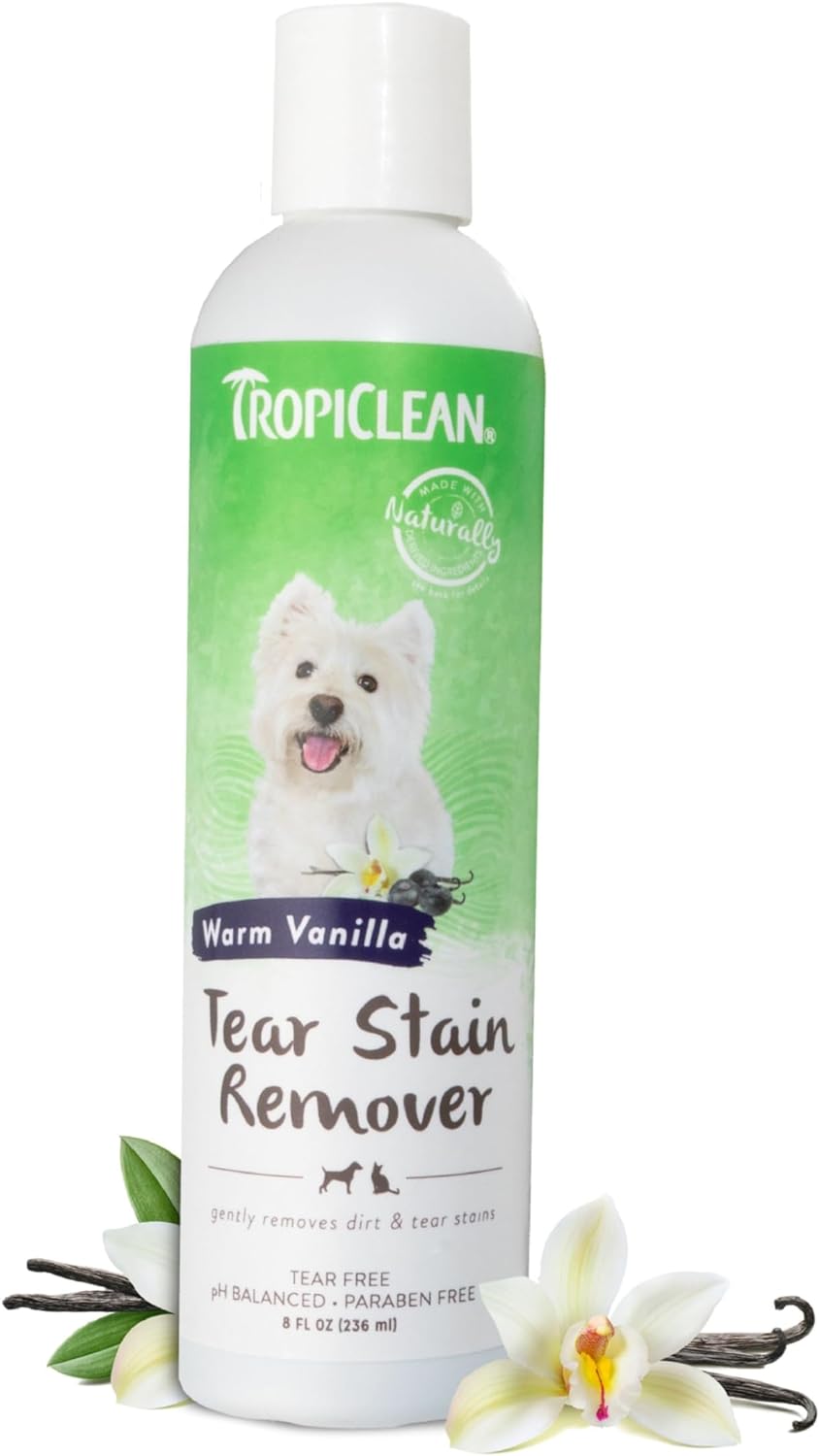 TropiClean Warm Vanilla Tear Stain Remover for Dogs | Tearless Blueberry Facial for Dogs | Ideal for White Dogs & All Other Coats | Cat Friendly | Made in the USA | 8 oz