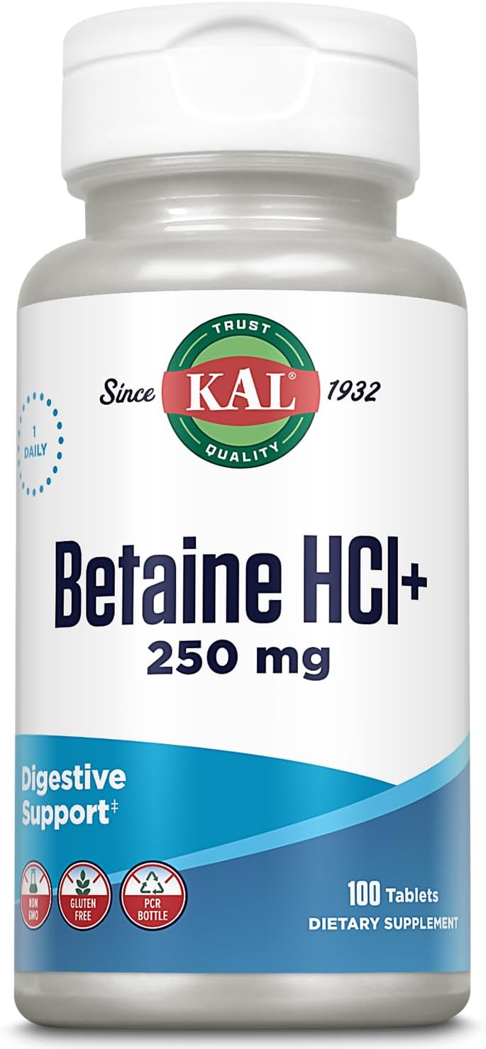 Kal Betaine Hcl With Pepsin, Digestive Health Supplement With 250Mg Betaine Hydrochloride Plus 130Mg Pepsin, Gluten Free, Non-Gmo, 60-Day Guarantee, Rapid Disintegration Tablets, 100 Servings, 100Ct