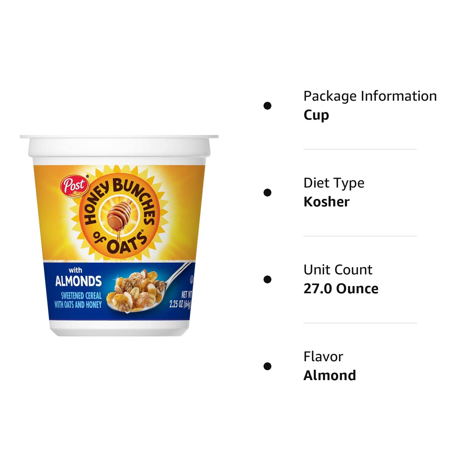 Honey Bunches of Oats with Almonds Breakfast Cereal, Honey Cereal with Granola Clusters and Sliced Almonds, Small Cereal Cup Size for Easy On-The-Go Breakfast, Pack of 12, 2.25 OZ Cereal Cup: Cold Breakfast Cereals