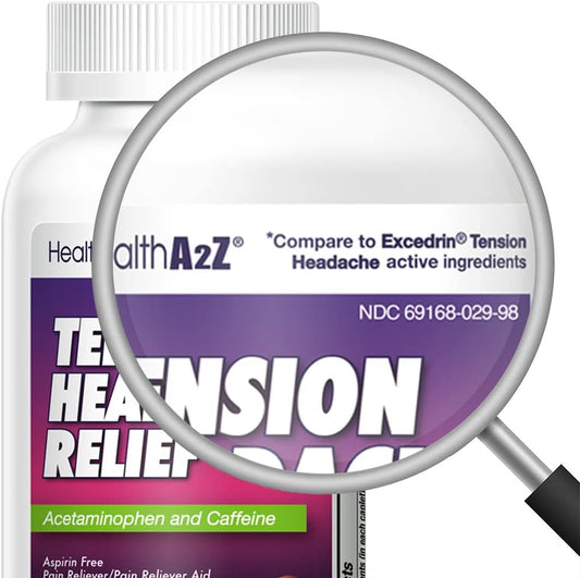 Healtha2Z® Tension Headache Relief | Acetaminophen 500Mg | Caffeine 65Mg | Pain Reliever Aid | Aspirin Free