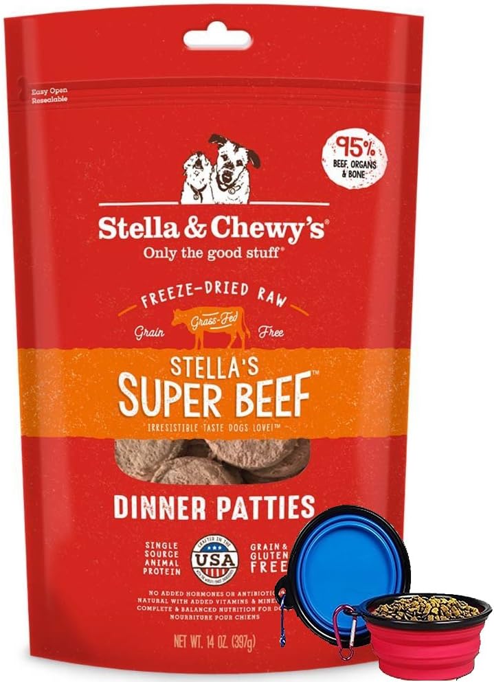 Stella & Chewy's Freeze Dried Dog Food,Snacks 14-OZ Bag With Hot Spot Pet Food Bowl - Made in USA (Beef)