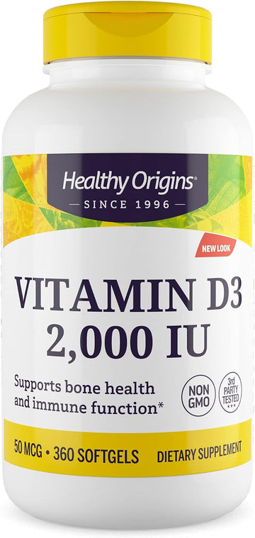 Healthy Origins Vitamin D3 (Lanolin) 2,000 IU - Bone Health and Immune Support Supplement - Easily Absorbable Vitamin D Supplements - Gluten-Free Vitamin D3 Supplement - 360 Softgels