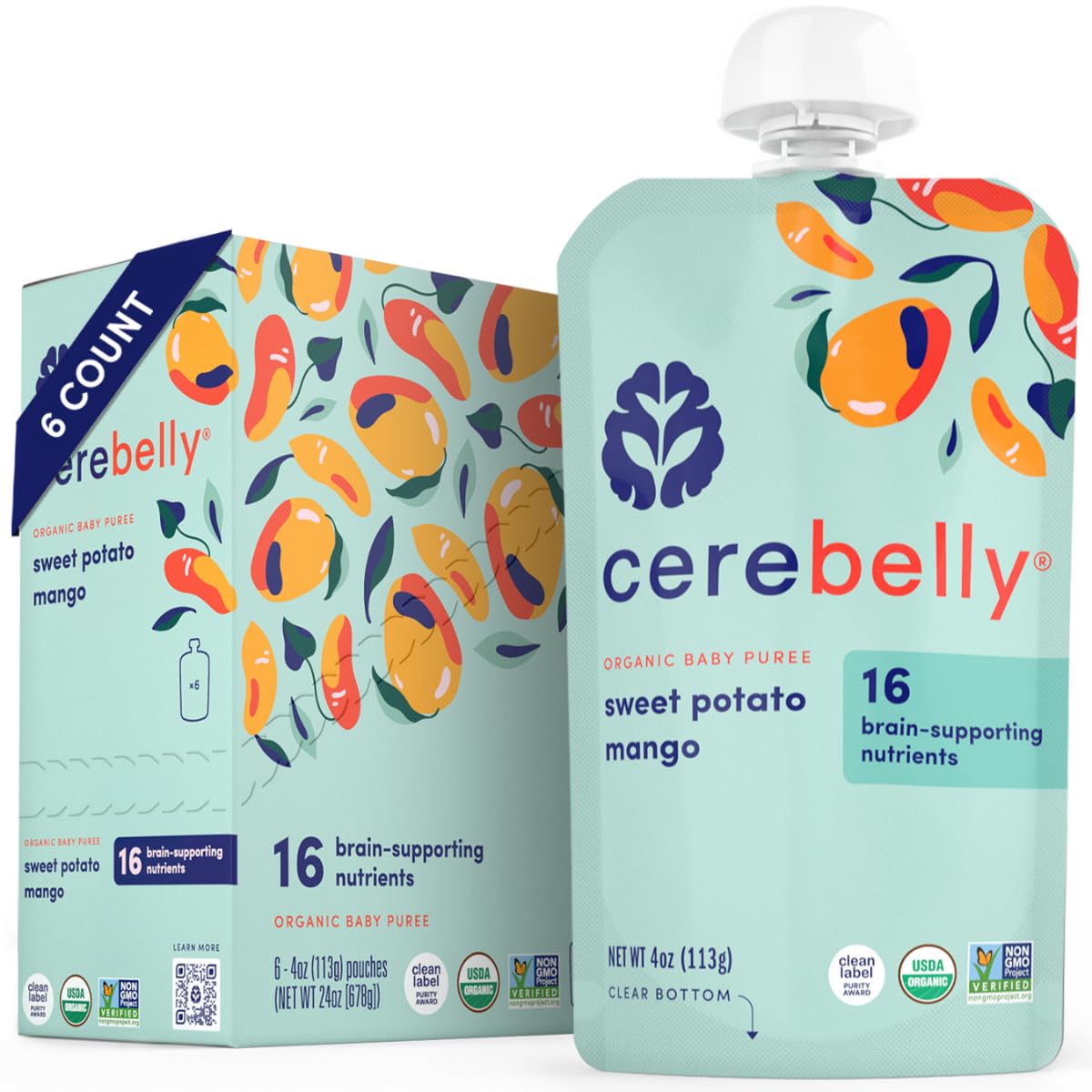 Cerebelly Baby Food Pouches – Organic Sweet Potato Mango (4 oz, Pack of 6) - Toddler Snacks - 16 Brain-Supporting Nutrients - Healthy Snacks, Made with Gluten-Free Ingredients, Non-GMO, No Added Sugar