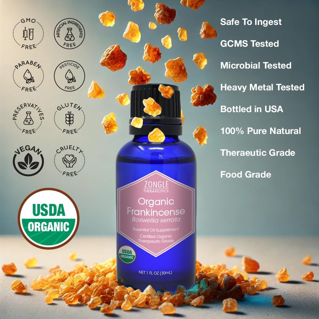 Organic Frankincense Essential Oil by Zongle – Supplement, 100% Pure Natural, Therapeutic & Food Grade Boswellia Serrata for Pain, Skin, Face, Knee, Edible, Ingestible, Oral Use – 1 OZ : Health & Household