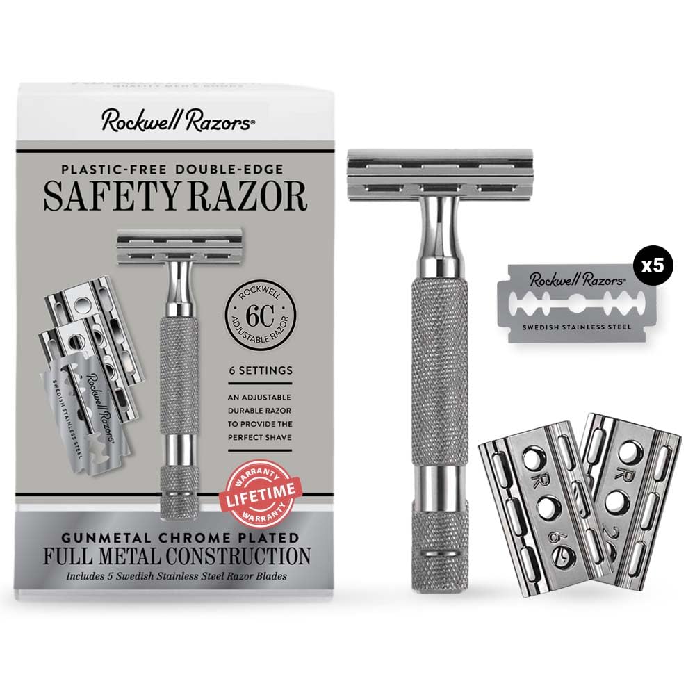 Rockwell Razors 6C Gunmetal Chrome Safety Razor With 6 Adjustable Shave Settings And 5 Fully Recyclable Razor Blades. Reusable Safety Razors For Men And Women