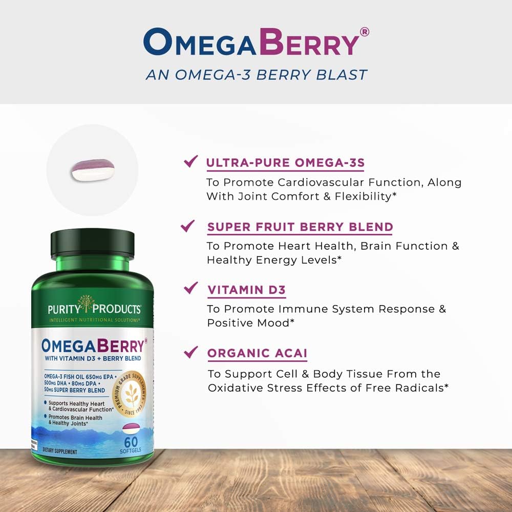 Purity Products OmegaBerry Fish Oil with Vitamin D3 and Organic Acai - 1250mg Concentrated Molecularly Distilled Ultra Pure Omega-3 Fish Oil, 500mg DHA + 650mg EPA - 60 Soft Gels - 30 Day Supply from : Health & Household
