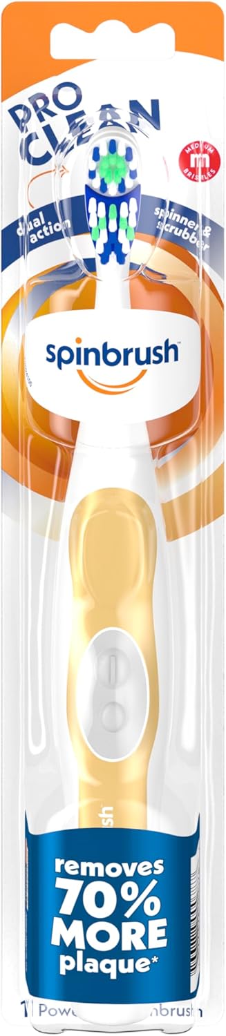 Spinbrush Pro Clean Battery Powered Toothbrush, Medium Bristles, 1 Count, Gold Or Blue Color May Vary