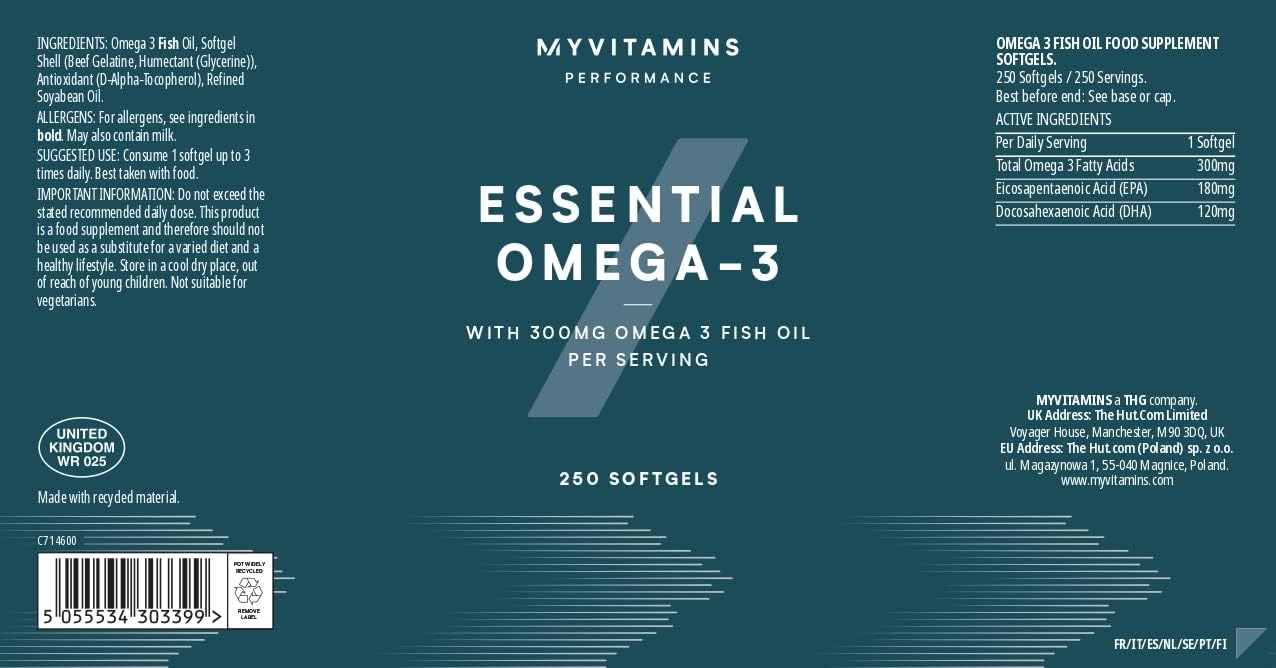 Myprotein Essential Omega 3 | 300mg Fish Oil Softgels with EPA & DHA | Supports Heart Health, Joint Care & General Wellbeing | 250 Capsules | 80 Day Supply | Omega-3 Fatty Acids Supplement : Amazon.co.uk: Health & Personal Care