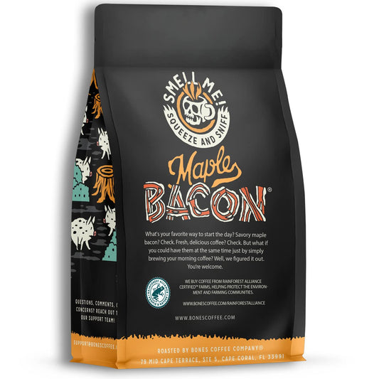 Bones Coffee Company Maple Bacon Flavored Whole Coffee Beans | 12 oz Medium Roast Arabica Low Acid Coffee | Gourmet Coffee (Whole Bean)
