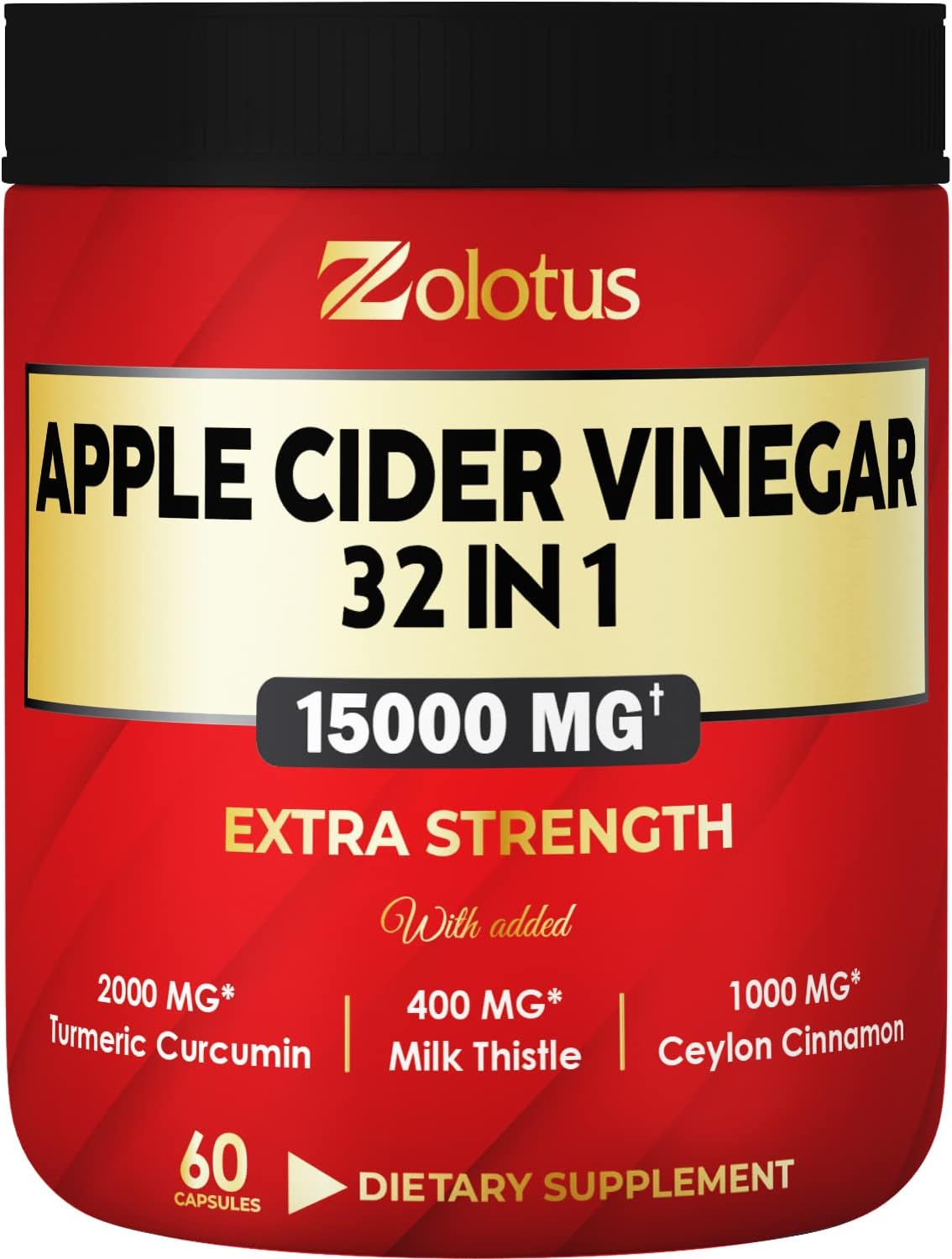 Zolotus 32 in 1 Apple Cider Vinegar Capsules, Equivalent to 15000mg with Turmeric, Cinnamon, Milk Thistle, Elderberry, Quercetin, Best Supplement for Digestion, Immune 60 Capsules