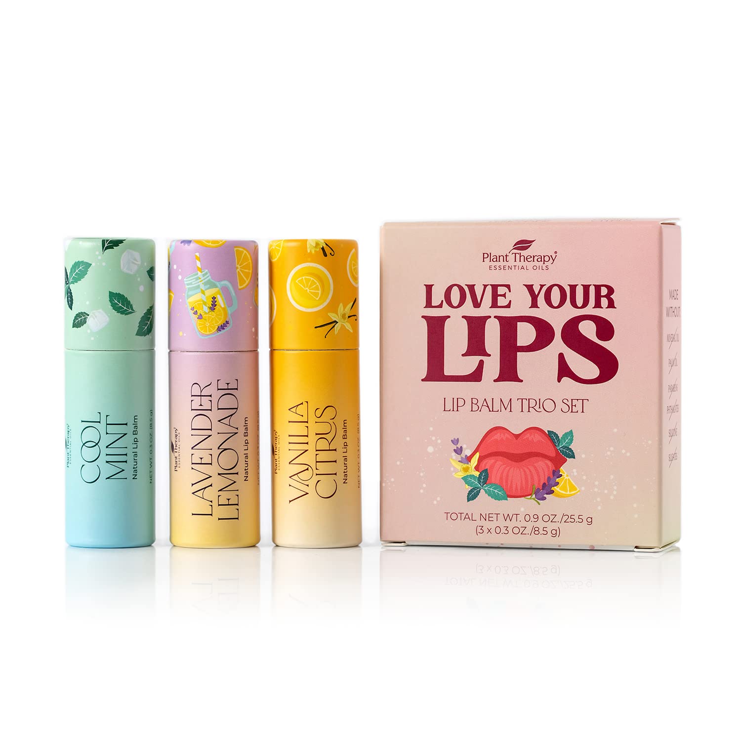 Plant Therapy Love Your Lips Lip Balm Trio Set 0.9 oz (25.5 g) Simple, Natural Ingredients & Packaged in Eco-Friendly Recyclable Cardboard, Refreshing Flavors Including: Lavender Lemonade, Vanilla Citrus, Cool Mint