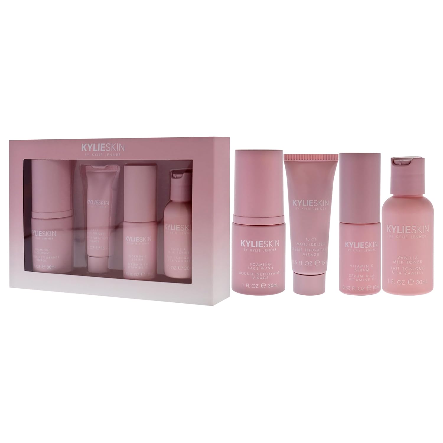 Skin Discovery Set By Kylie Cosmetics For Women - 4 Pc 1 Oz Foaming Face Wash, 0.5 Oz Face Moisturizer, 0.3 Oz Vitamin C Serum, 1 Oz Vanilla Milk Toner : Beauty & Personal Care