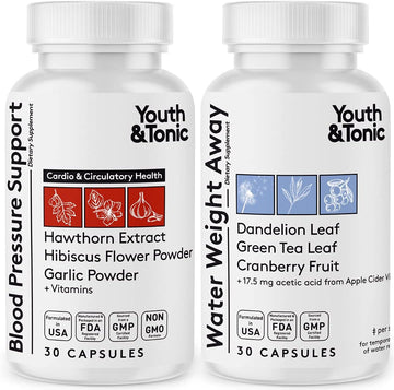 Youth & Tonic Daily Water Weight Away Pills And Blood Pressure Support Supplements/Natural Diuretics For Water Retention & Bp Capsules To Maintain A Good Circulatory Health / 60 Cps For Women & Men