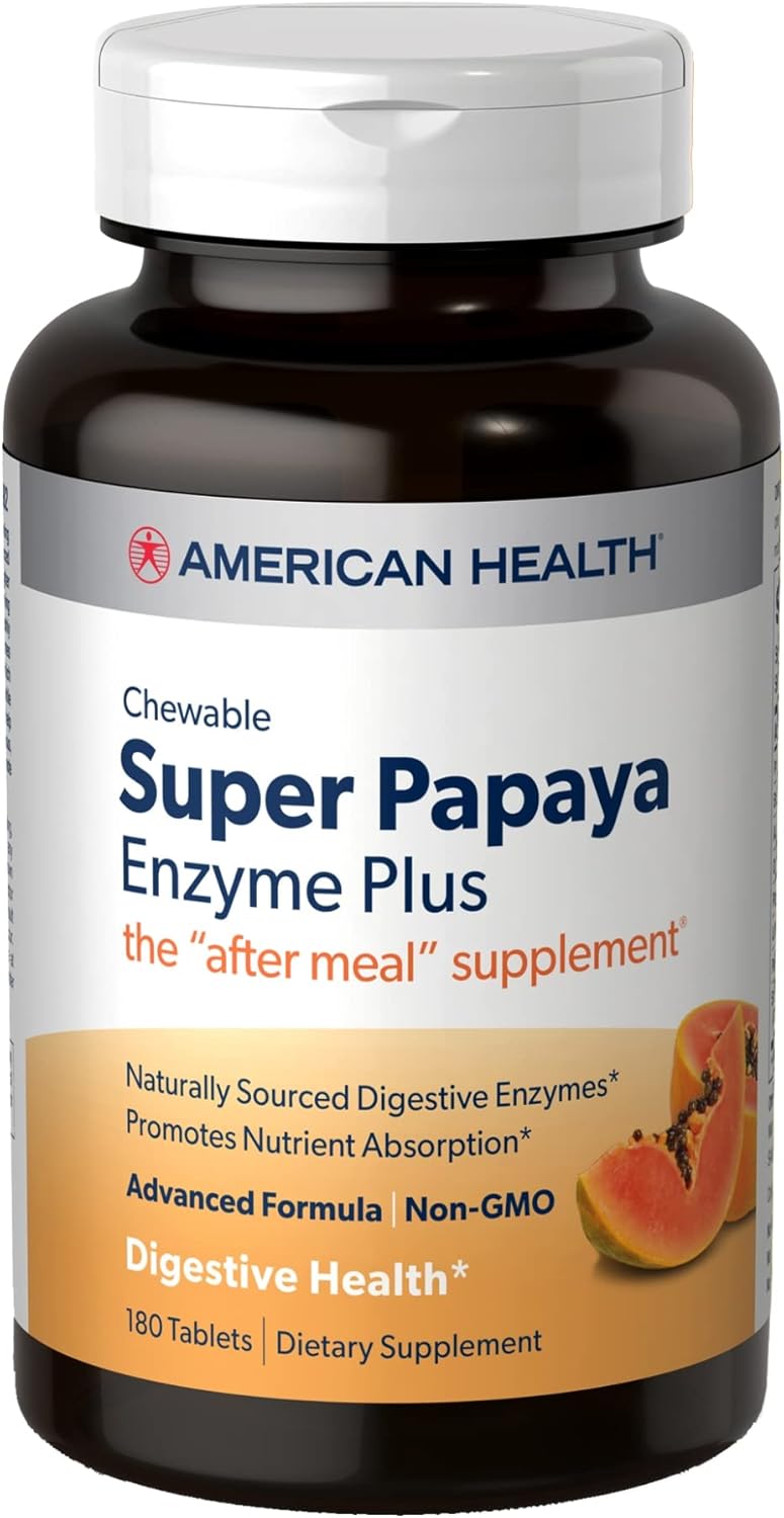 American Health Super Papaya Enzyme Plus - 180 Chewable Tablets - The After-Meal Supplement - Non-Gmo - 60 Servings : Health & Household