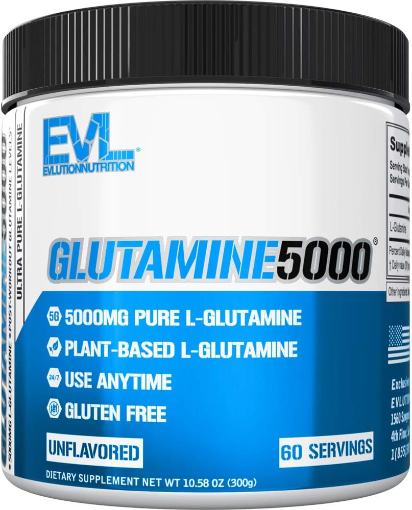 Pure Vegan L-Glutamine Powder Supplement - Evlution Nutrition Nitric Oxide Booster 5g L Glutamine Supplement for Post Workout Recovery Enhanced Pumps Gut Health Energy and Immunity - Unflavored