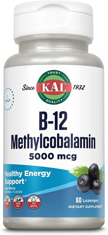 KAL Vitamin B-12 Methylcobalamin Lozenges 5000mcg, Healthy Energy, Metabolism, Nerve & Red Blood Cell Support,* Optimal Absorption, Natural Acai Flavor, Vegan, Sugar Free, 60 Servings, 60 Lozenges