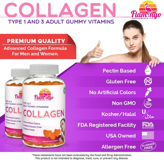 Collagen Gummies- Natural Marine Collagen For Women, And Men- Collagen Supplements For Skin Hair, Nails- Hydrolyzed Type 2 & 1 3- Replace Pills And Powders - No Gelatin, Kosher, Halal- 100 Ct