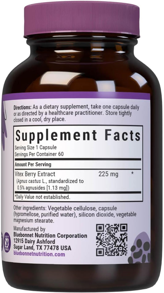 Bluebonnet Nutrition Vitex Berry Extract, Women'S Health*, Non-Gmo, Vegan, Kosher Certified, Gluten-Free, Soy-Free, 60 Vegetable Capsules, 60 Servings