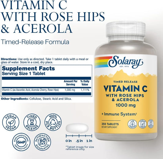 Solaray Vitamin C W/Rose Hips & Acerola | 1000Mg | Two-Stage Timed-Release Healthy Immune Function, Skin, Hair & Nails Support | Non-Gmo | 250Ct