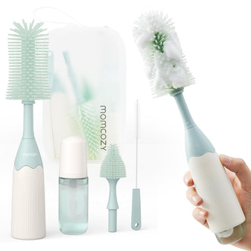 Momcozy Bottle Brush Kit, Innovative Push-Press Design For Better Cleaning - Baby Bottle Cleaner Brush For Baby Bottle, Breast Pumps, Nipples, And More - Can Generate Foam For Better Cleaning, Green