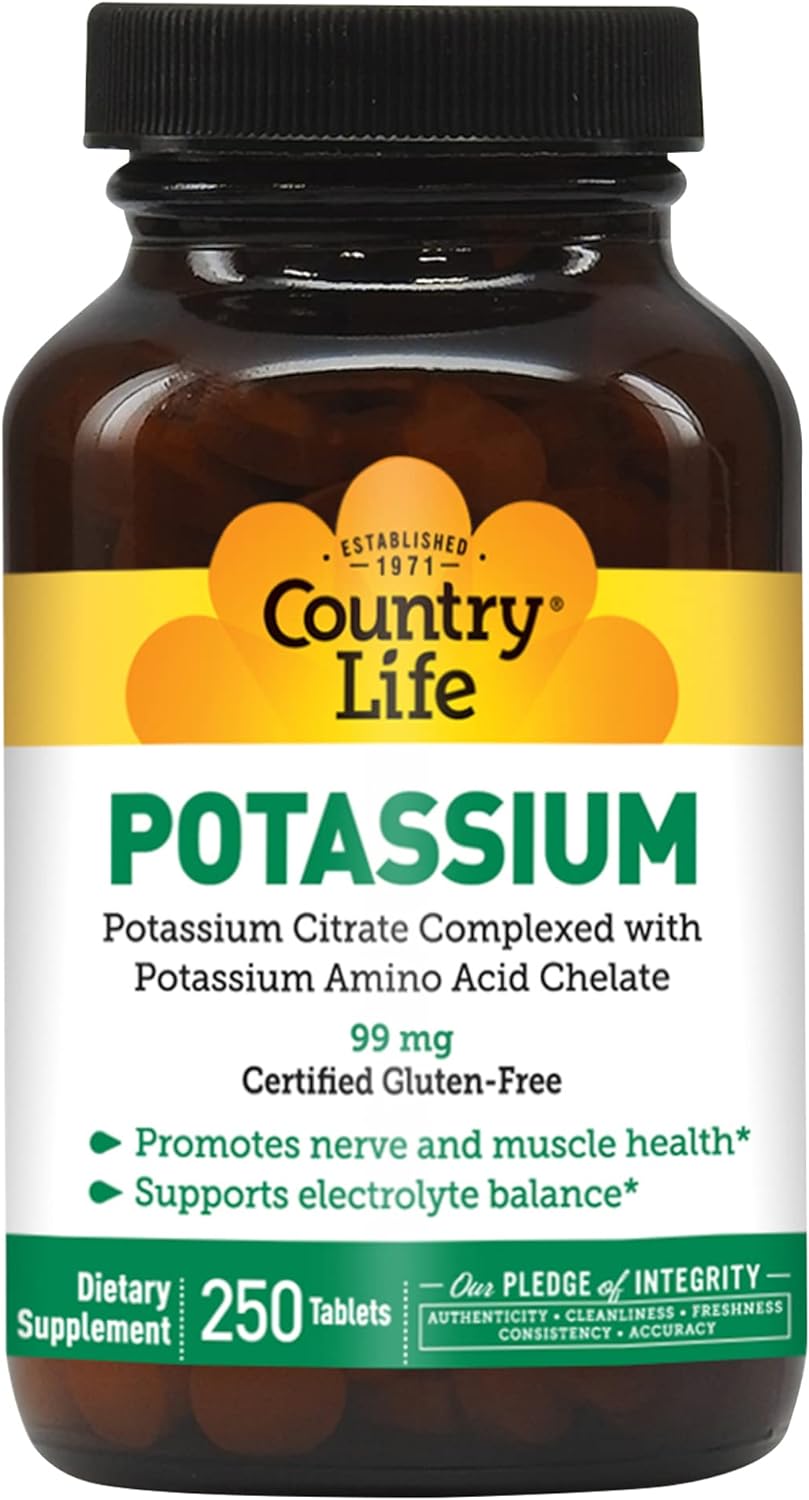 Country Life Potassium, Promotes Nerve and Muscle Health, 99mg, 250 Tablets, Certified Gluten Free, Certified Vegan