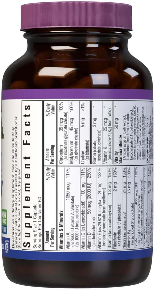 Bluebonnet Nutrition Mens' One 40+ Whole Food-Based Multiple, Men Multivitamin For Men 40+, Soy-Free, Non-Gmo, Gluten Free, Kosher, 60 Vegetable Capsules, 60 Servings